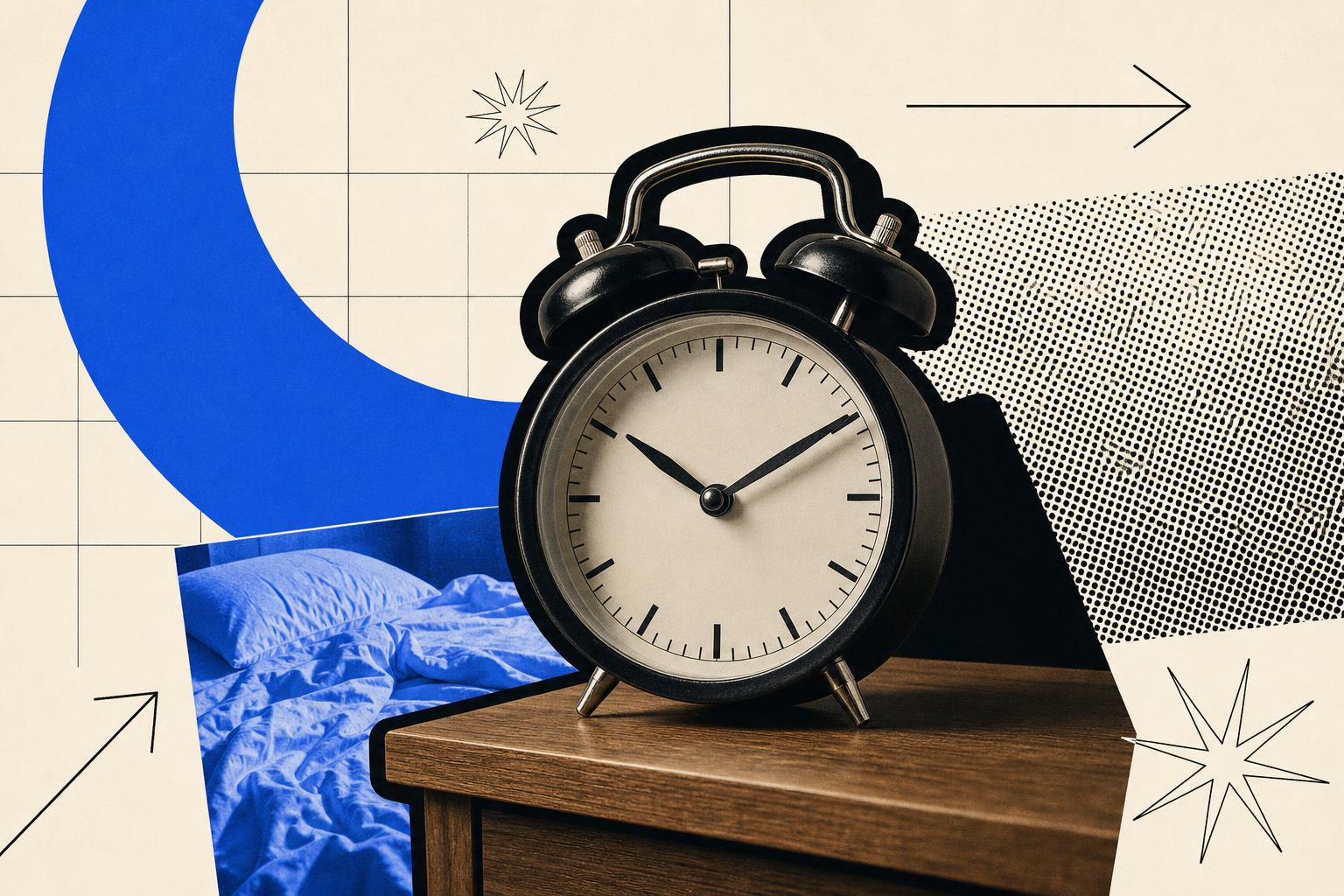 An analogue alarm clock on a nightstand, cut out photo-collage style against a cream background with a royal blue crescent moon shape, halftone dots and rumpled bedsheets tinted blue.