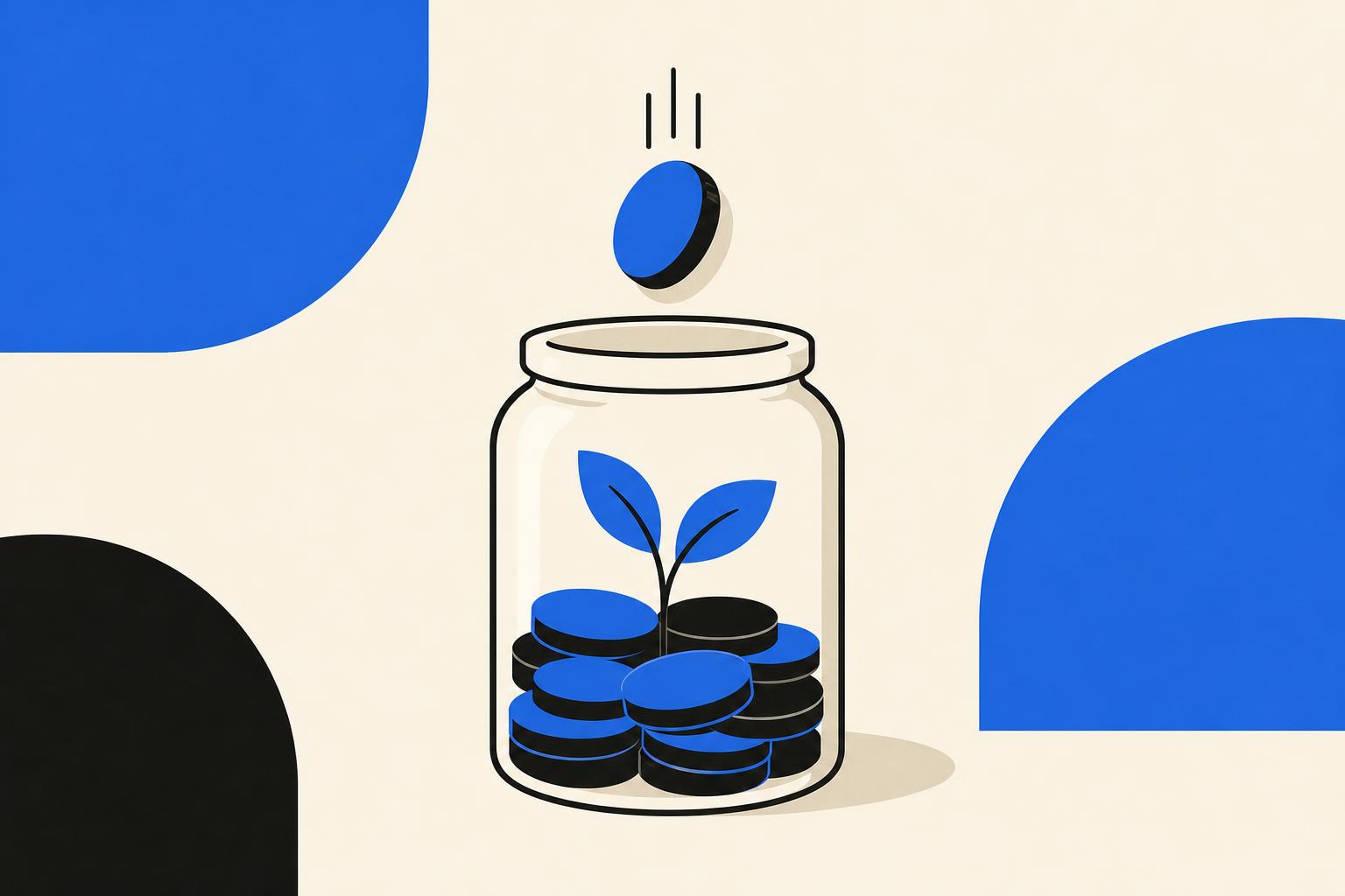 A single coin dropping into a glass jar, with a small green sprout growing from the coins already inside